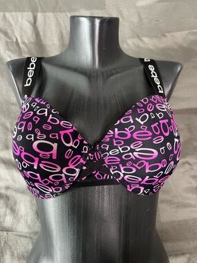 bebe Black and Pink Logo Push-Up Bra with Branded Straps